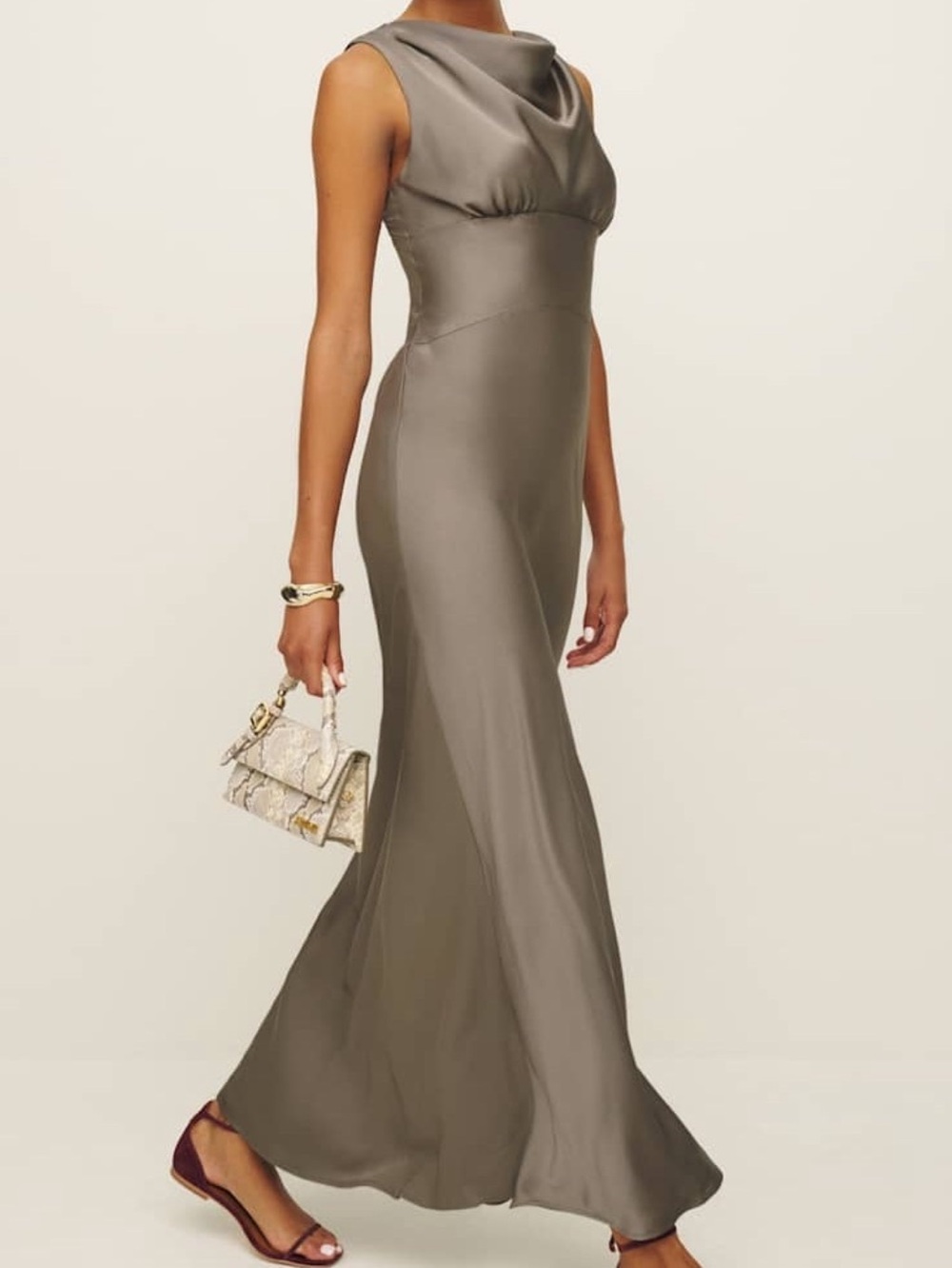 Reformation Dessa Satin Cowl Neck Dress- Taupe